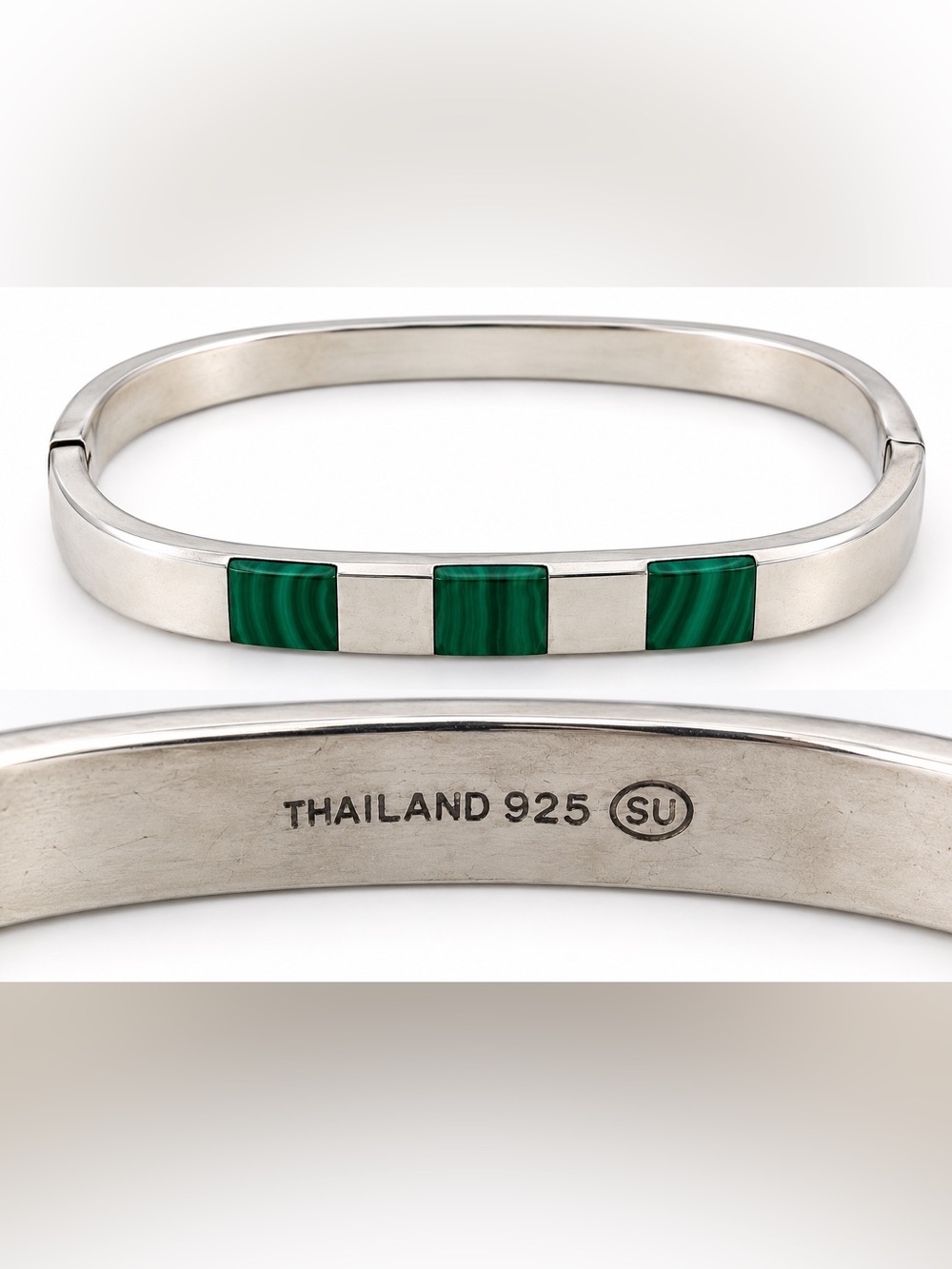 Sterling Silver Green Malachite Inlay Cuff Bracelet - Thailand 925